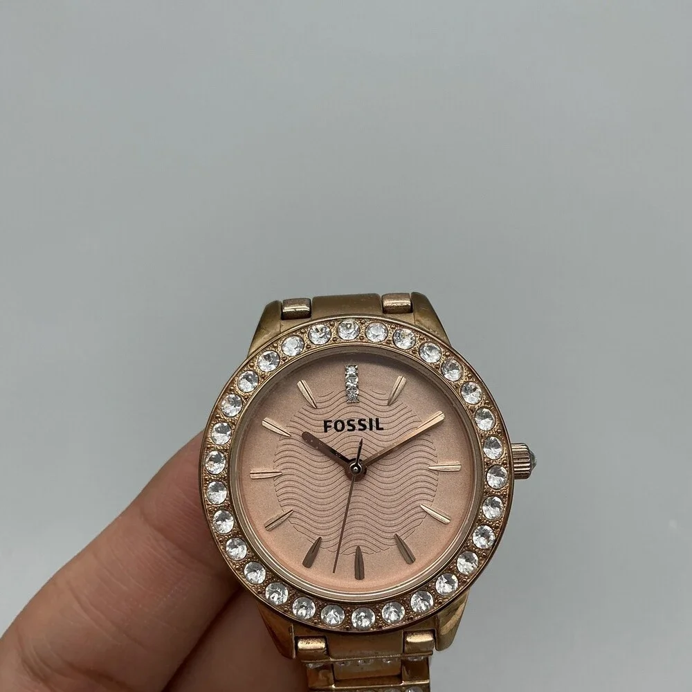 Fossil Jesse Womens Watch 34mm Rose Gold Tone Crystals Stainless New Battery 6